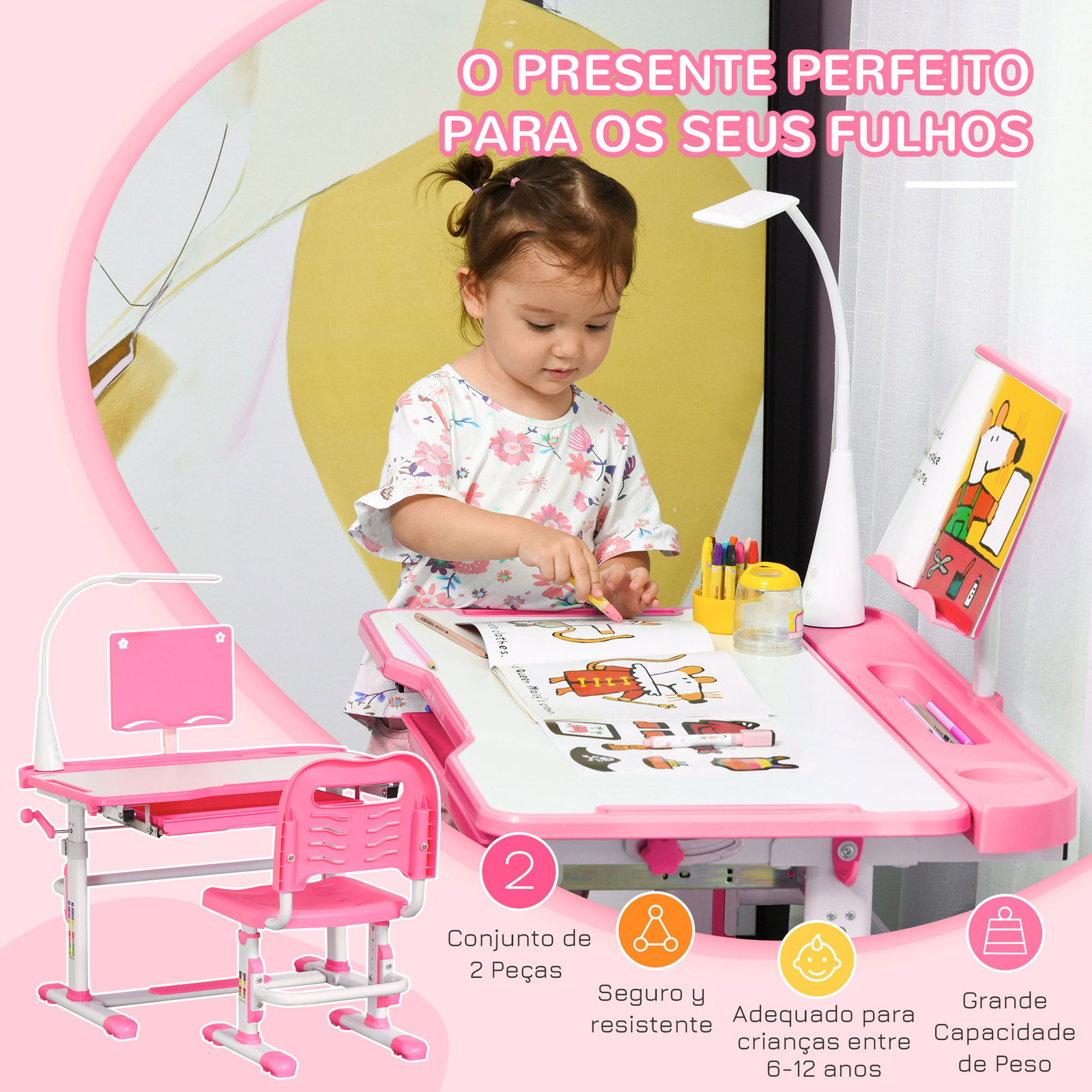 Conjunto de Secretária e Cadeira para Crianças com Altura Ajustável Mesa Inclinável Lâmpada LED 80x49,5x80-105cm e 36x34x60-73cm