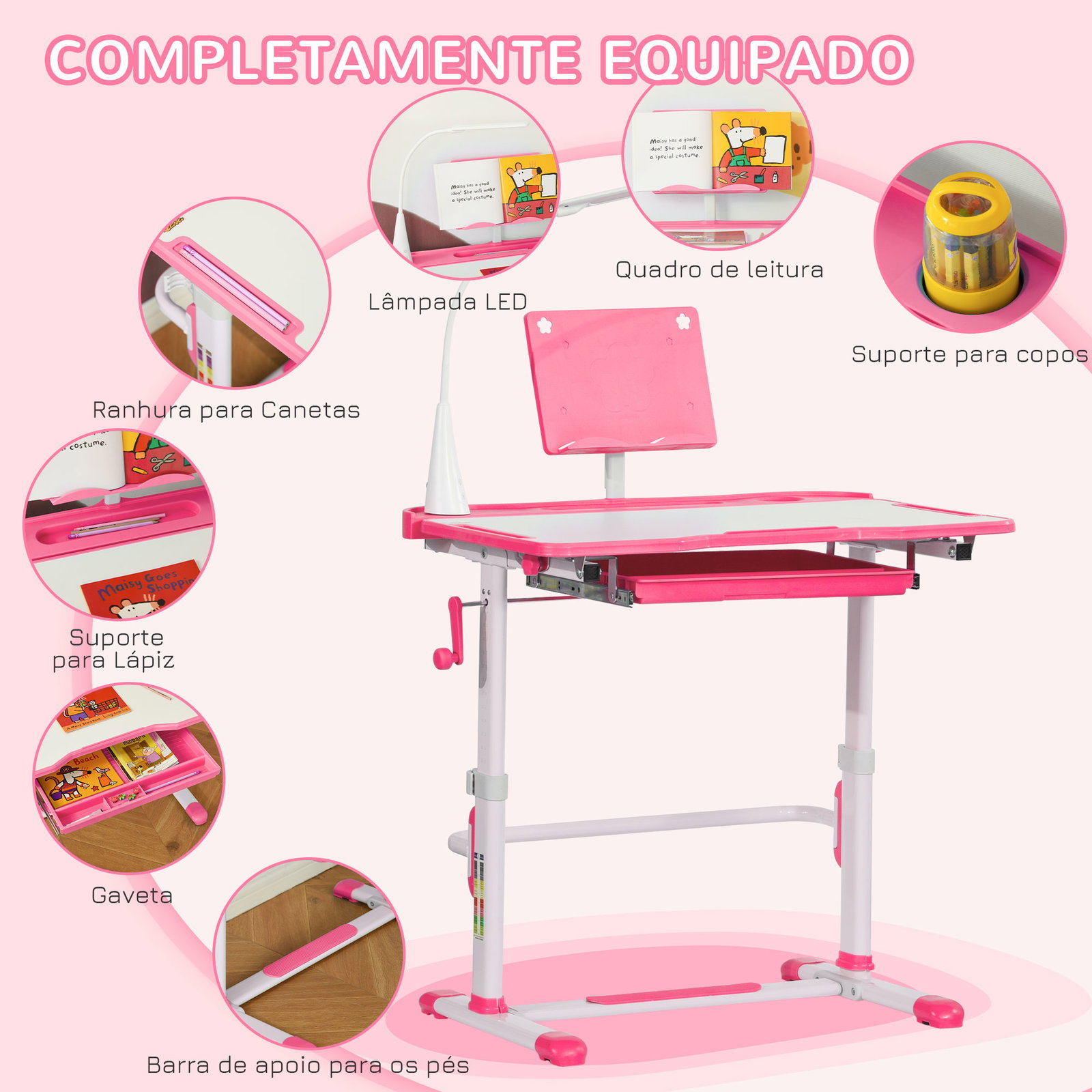 Conjunto de Secretária e Cadeira para Crianças com Altura Ajustável Mesa Inclinável Lâmpada LED 80x49,5x80-105cm e 36x34x60-73cm