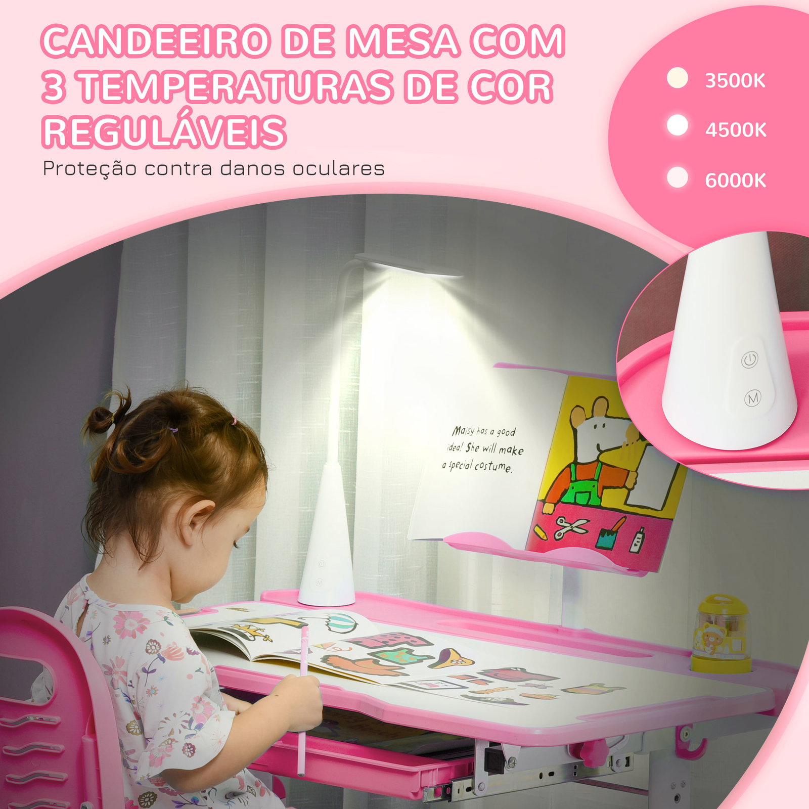 Conjunto de Secretária e Cadeira para Crianças com Altura Ajustável Mesa Inclinável Lâmpada LED 80x49,5x80-105cm e 36x34x60-73cm
