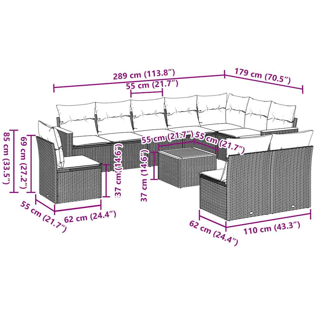 11 Pcs conjunto sofás de jardim c/ almofadões vime PE preto