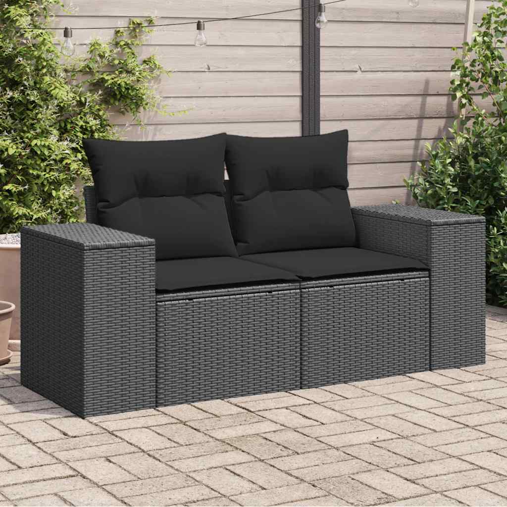 Sofá de jardim com almofadas, 2 lugares, vime sintético preto