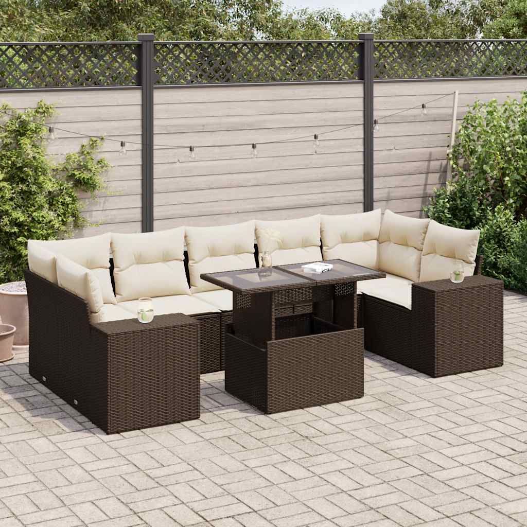 8 Pcs conjunto sofás de jardim c/ almofadões vime PE castanho