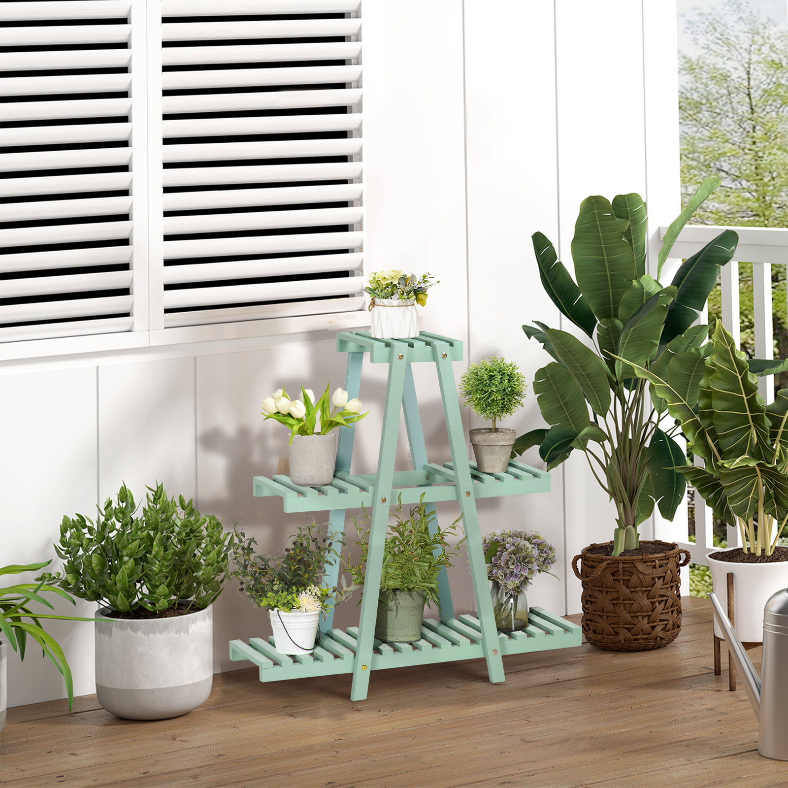 Suporte de madeira para plantas de 3 níveis prateleira decorativa de plantas para interior exterior 46x26x76cm verde