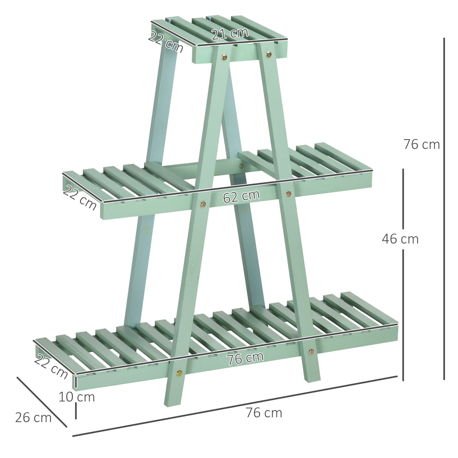 Suporte de madeira para plantas de 3 níveis prateleira decorativa de plantas para interior exterior 46x26x76cm verde