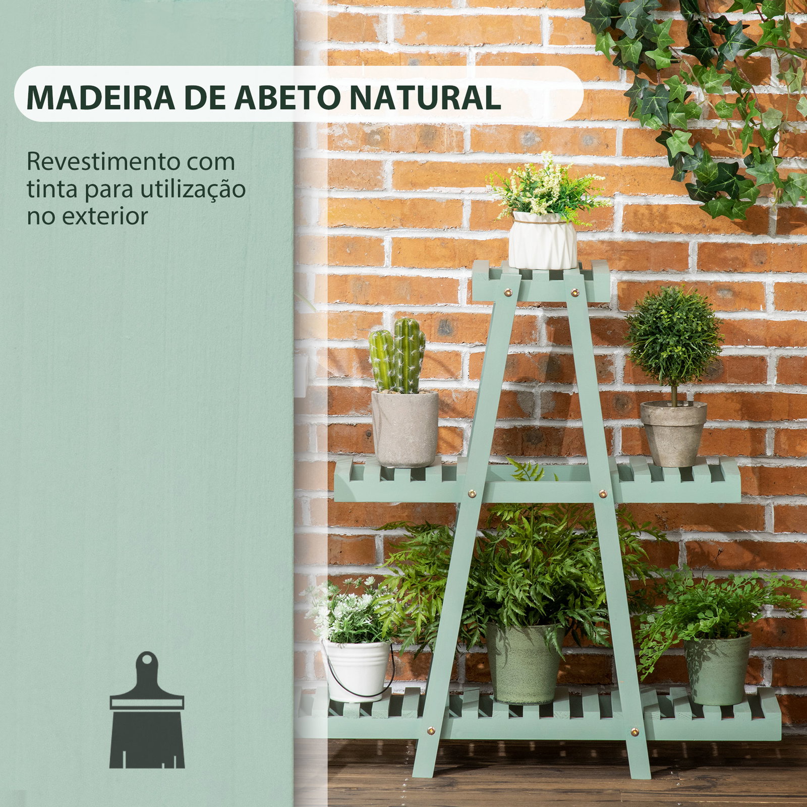 Suporte de madeira para plantas de 3 níveis prateleira decorativa de plantas para interior exterior 46x26x76cm verde