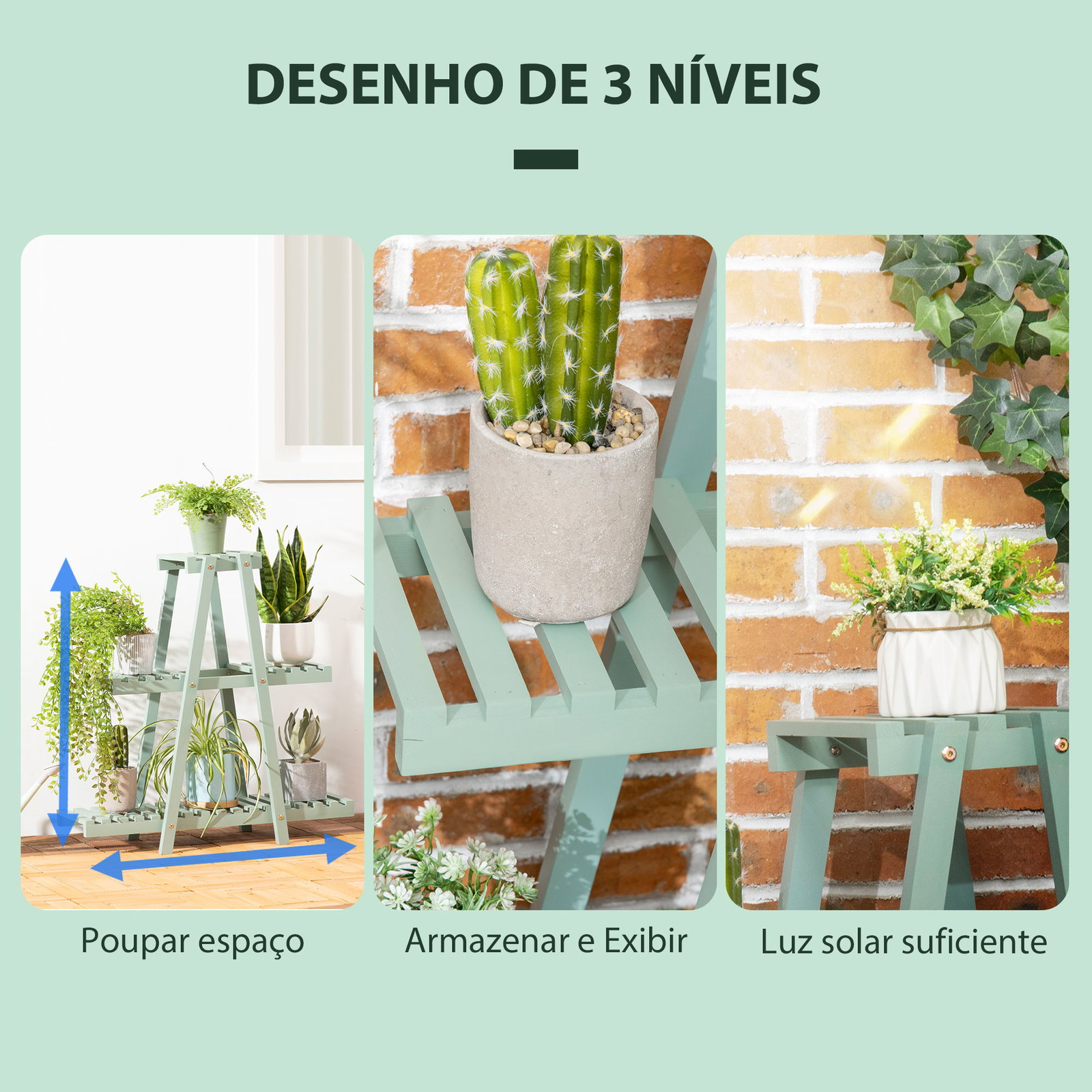 Suporte de madeira para plantas de 3 níveis prateleira decorativa de plantas para interior exterior 46x26x76cm verde