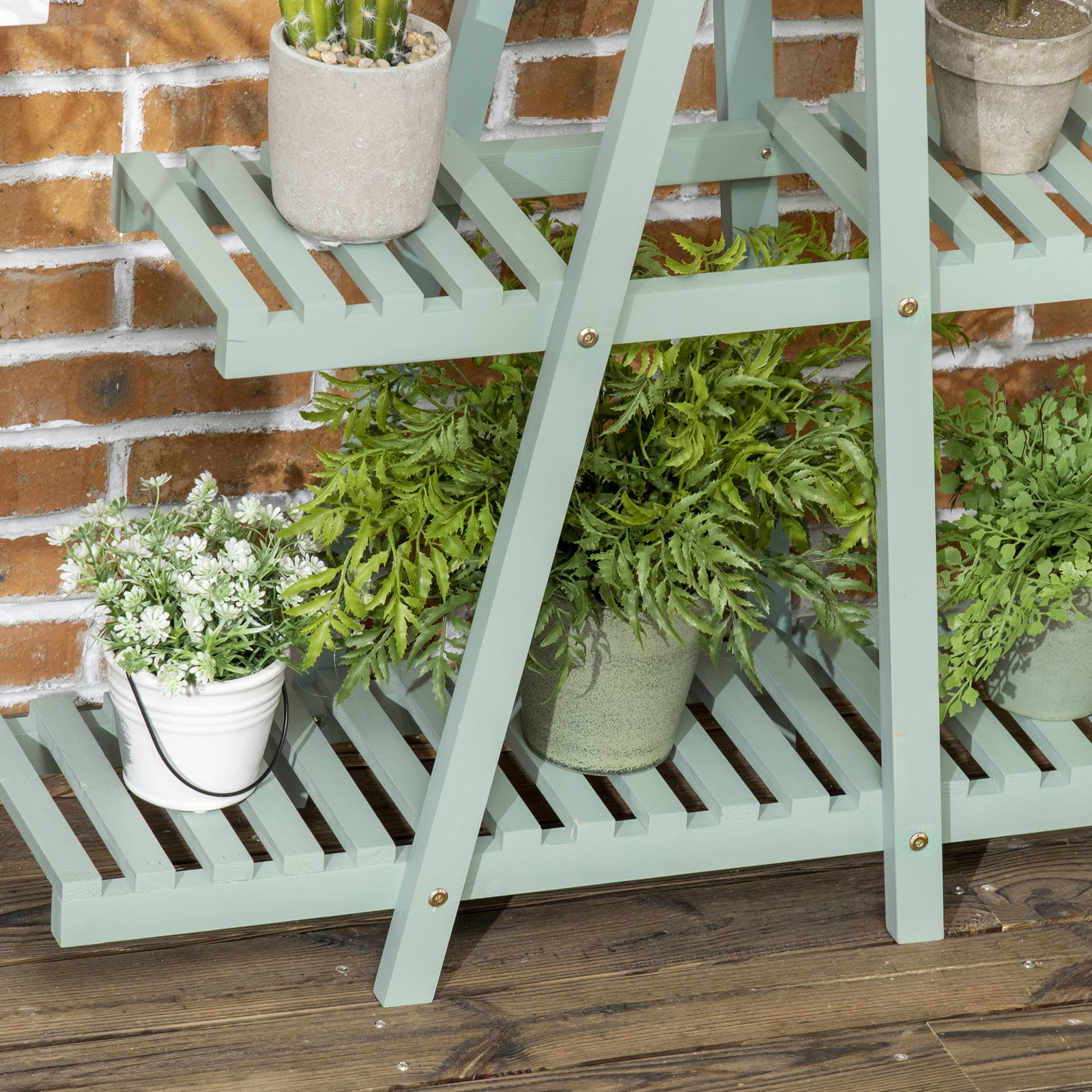 Suporte de madeira para plantas de 3 níveis prateleira decorativa de plantas para interior exterior 46x26x76cm verde