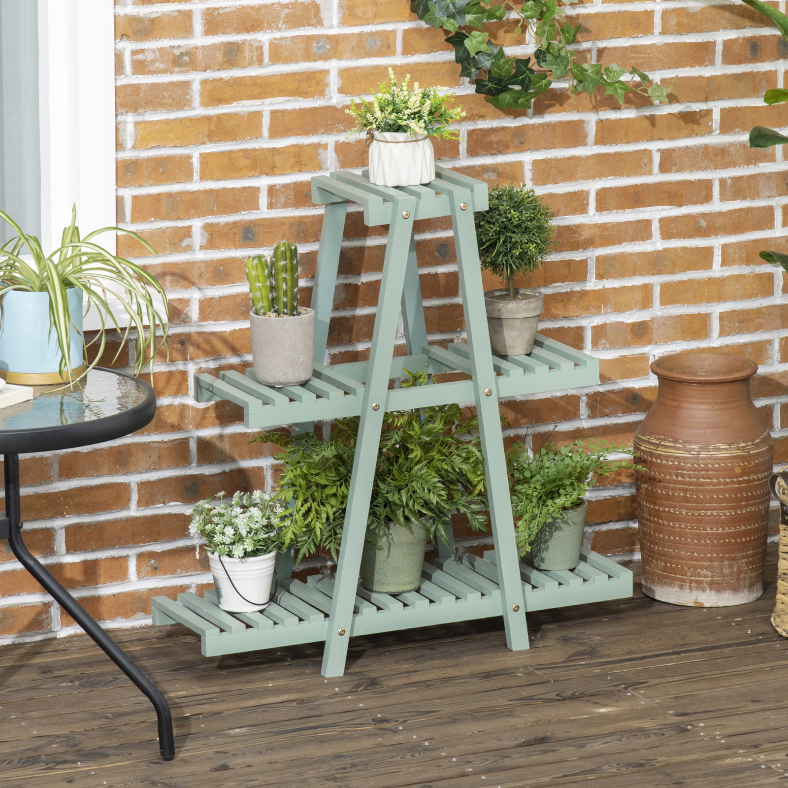 Suporte de madeira para plantas de 3 níveis prateleira decorativa de plantas para interior exterior 46x26x76cm verde