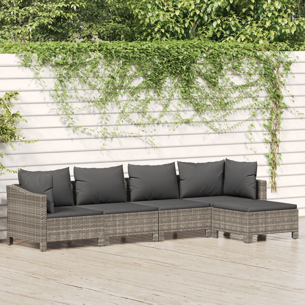 5 Pcs conjunto lounge de jardim c/ almofadões vime PE cinzento