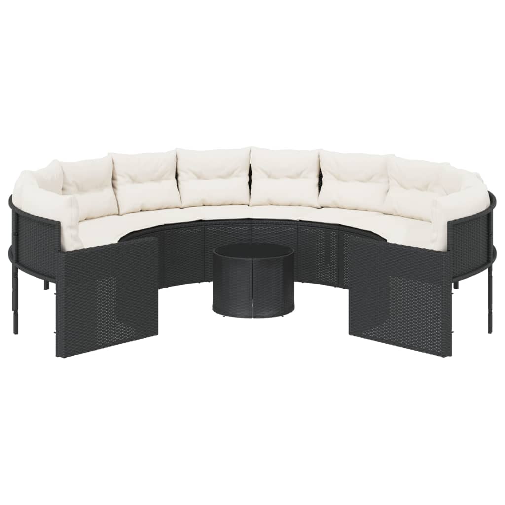 Sofá de jardim com mesa e almofadões redondo vime PE preto