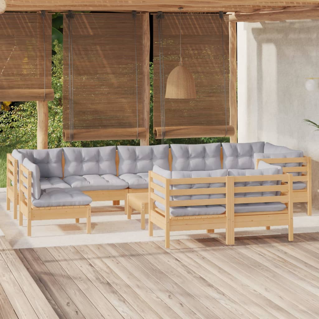 10Pcs conjunto lounge de jardim + almofadões cinza pinho maciço