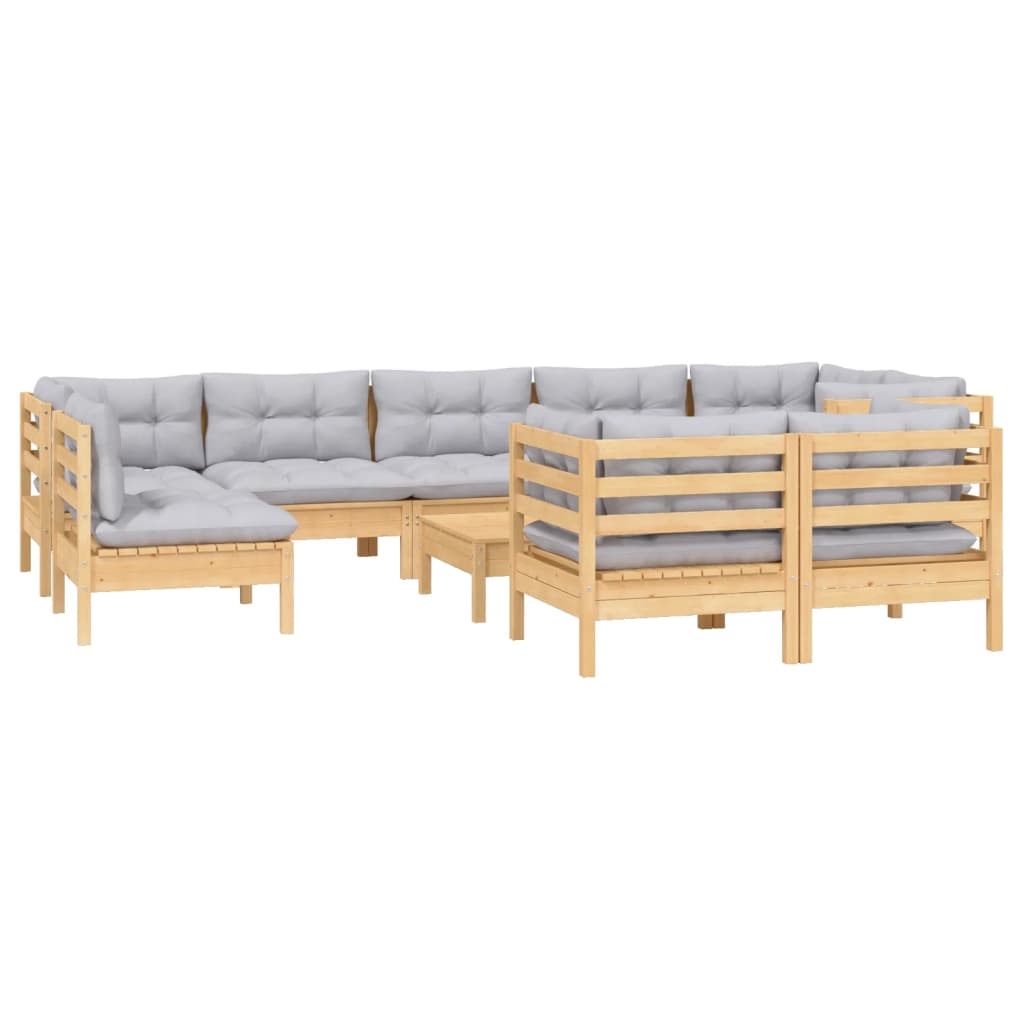 10Pcs conjunto lounge de jardim + almofadões cinza pinho maciço