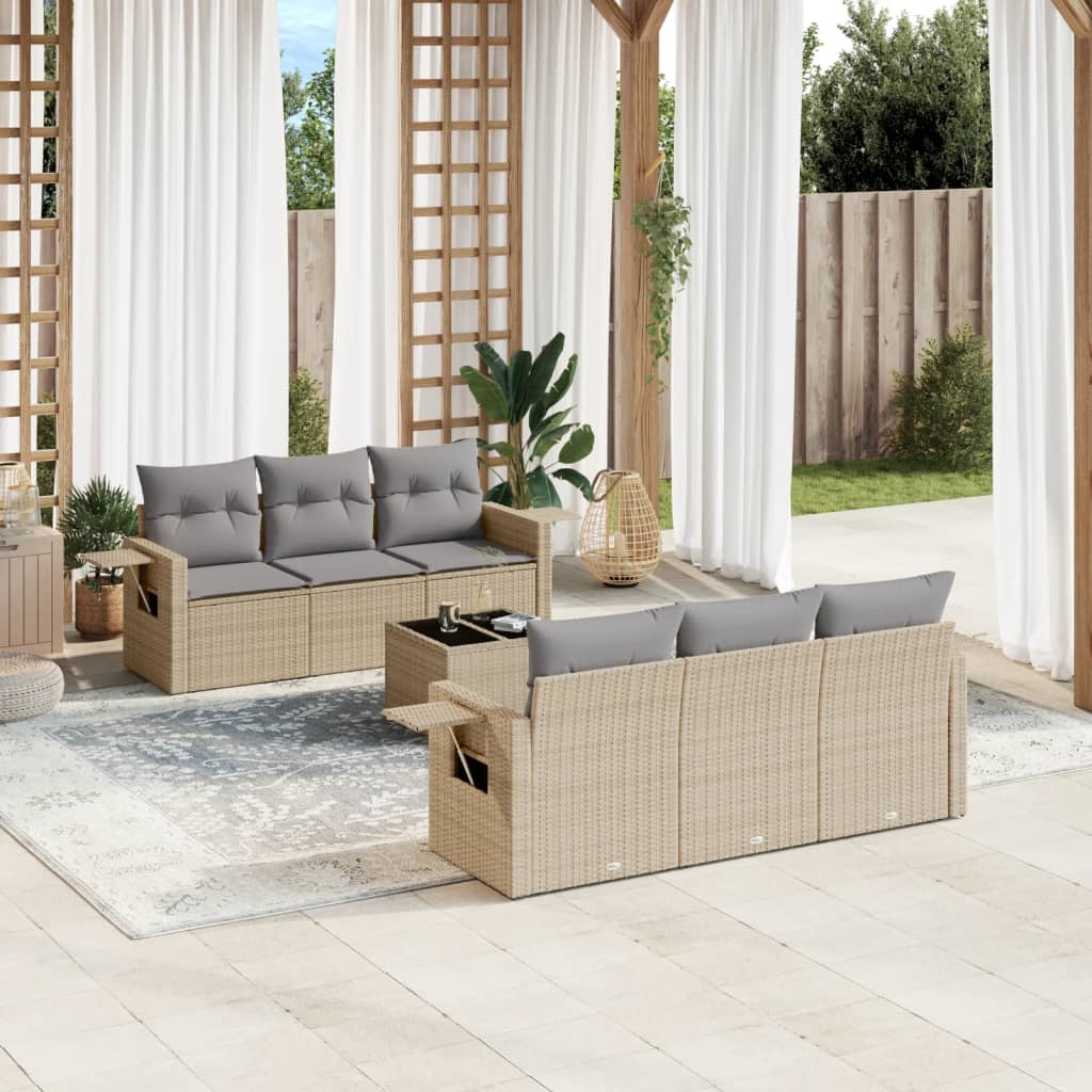 7 Pcs conjunto de sofás p/ jardim com almofadões vime PE bege