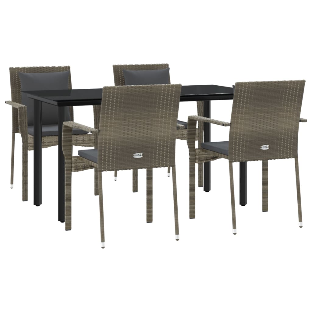 5 Pcs conjunto jantar jardim c/ almofadões vime PE preto/cinza