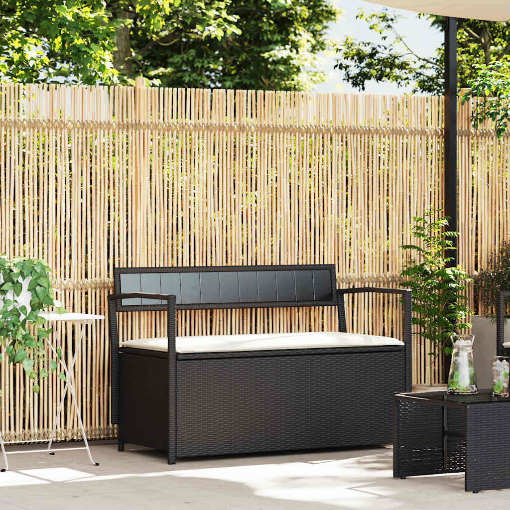 Banco de jardim com espaço de armazenamento e almofada, em rattan sintético preto, da