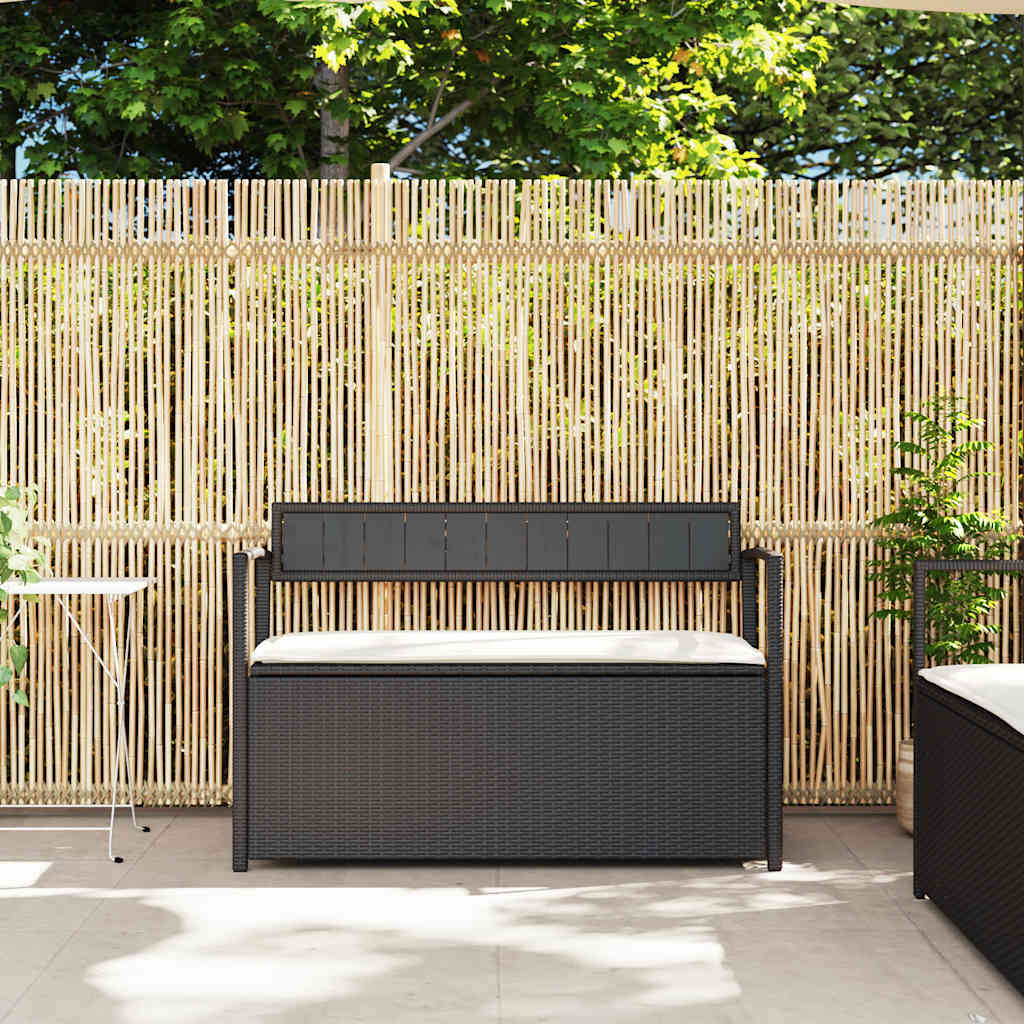 Banco de jardim com espaço de armazenamento e almofada, em rattan sintético preto, da