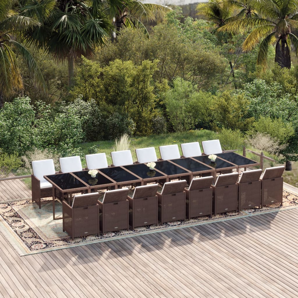 17 Pcs conjunto jantar p/ jardim c/ almofadões vime PE castanho