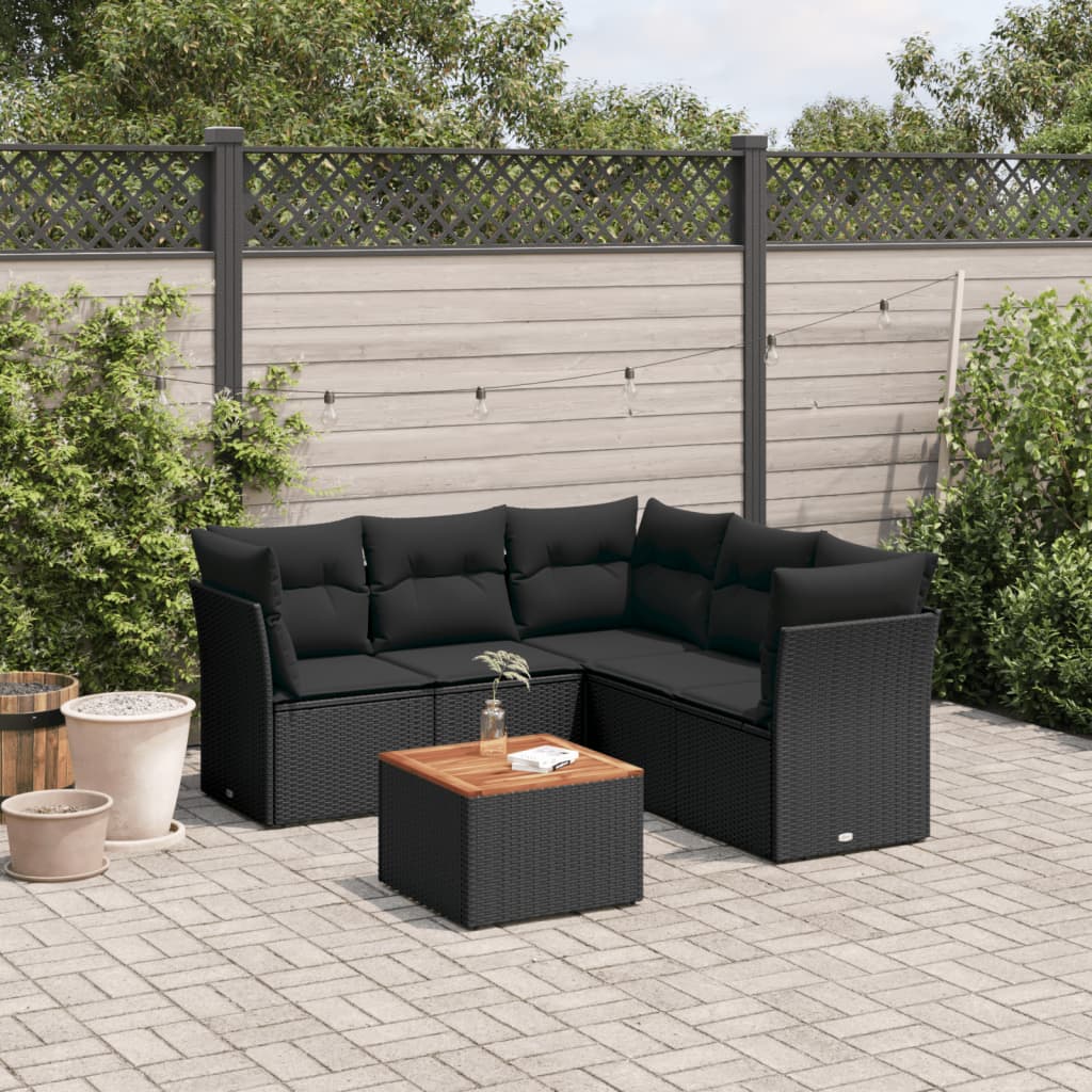 6 Pcs conjunto sofás de jardim c/ almofadões vime PE preto