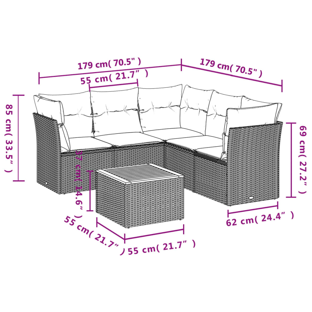 6 Pcs conjunto sofás de jardim c/ almofadões vime PE preto