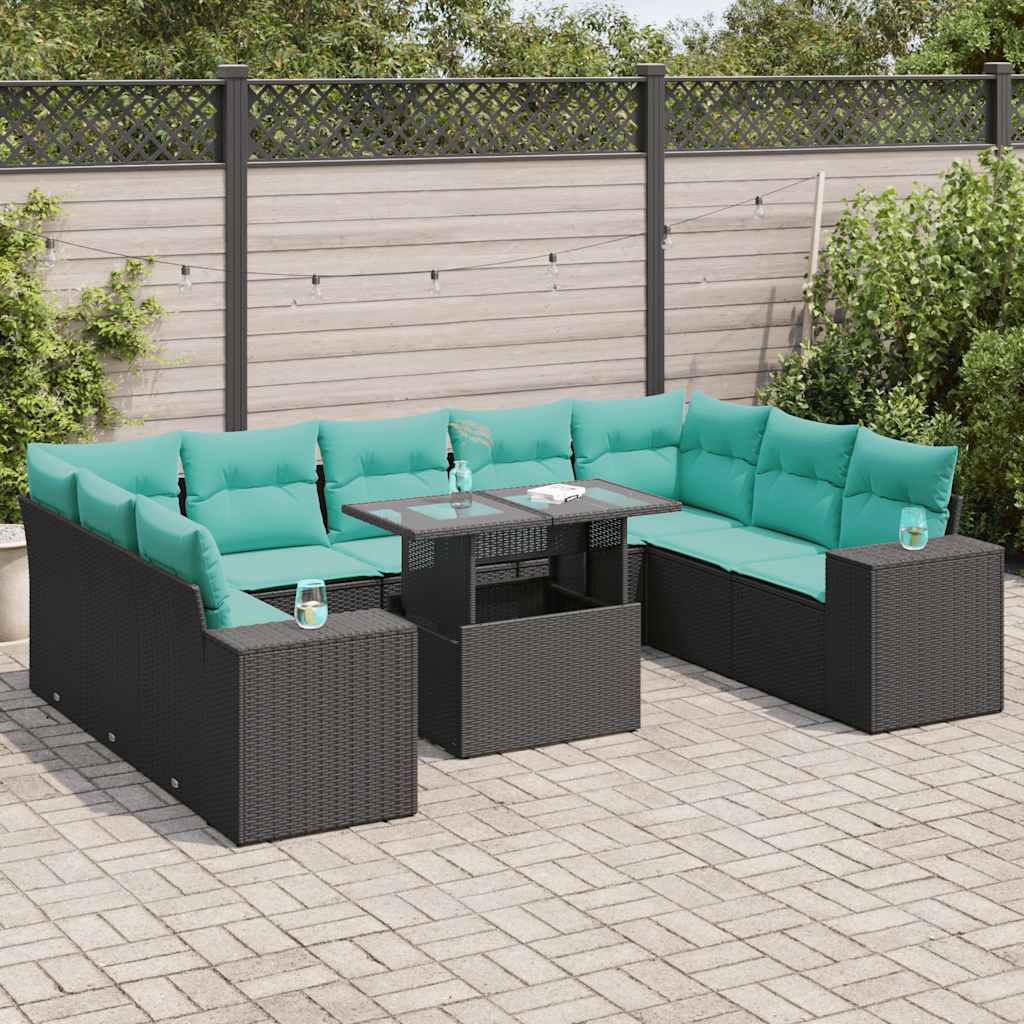 10 Pcs conjunto sofás jardim c/ almofadões vime PE/acácia preto