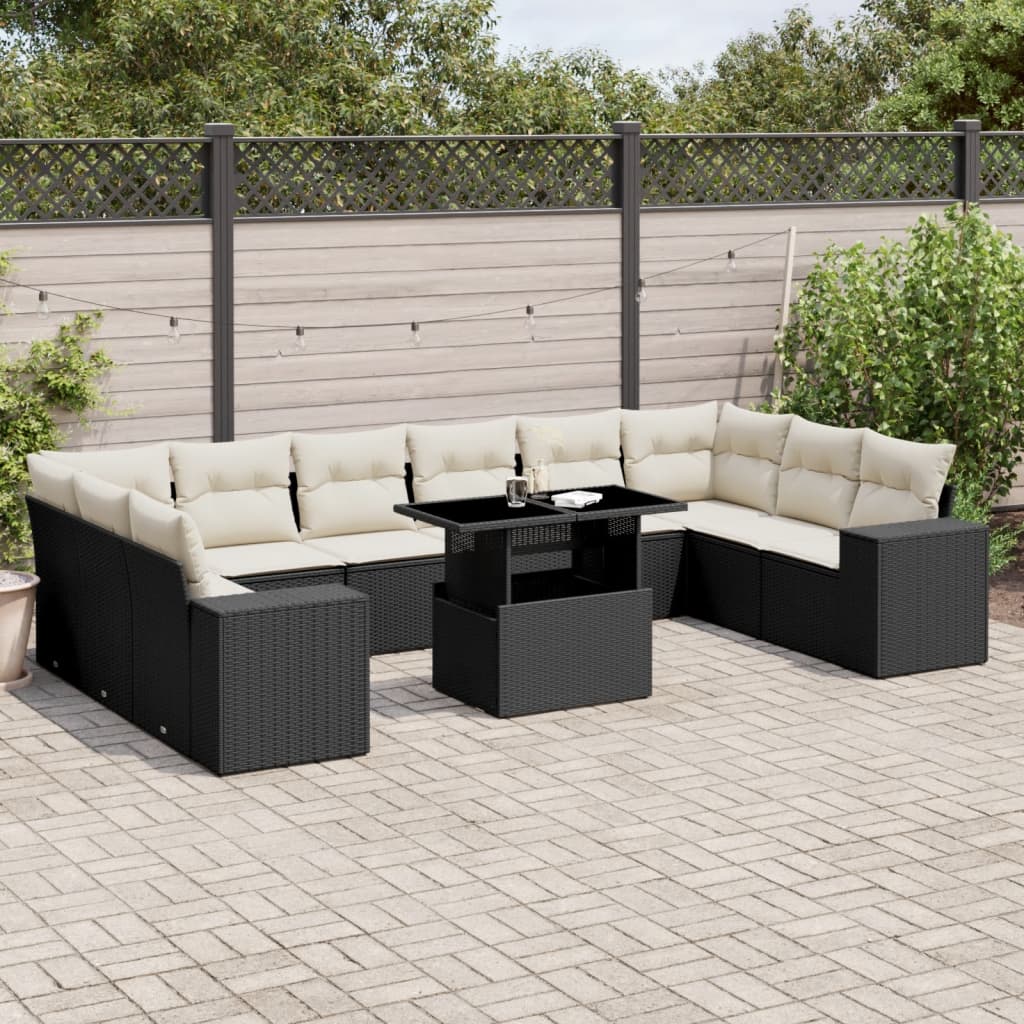 11 Pcs conjunto sofás de jardim c/ almofadões vime PE preto