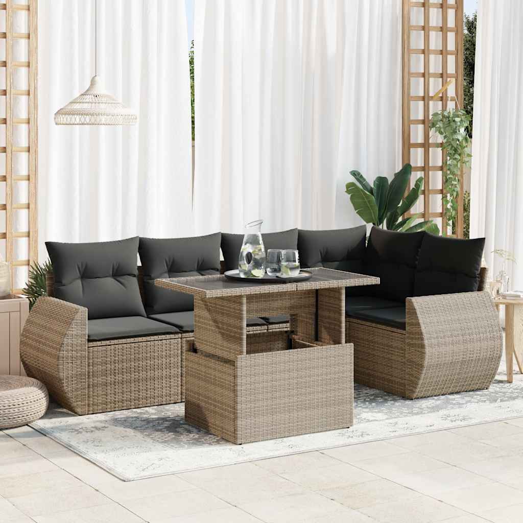6 Pcs conjunto sofás de jardim com almofadões vime cinzento