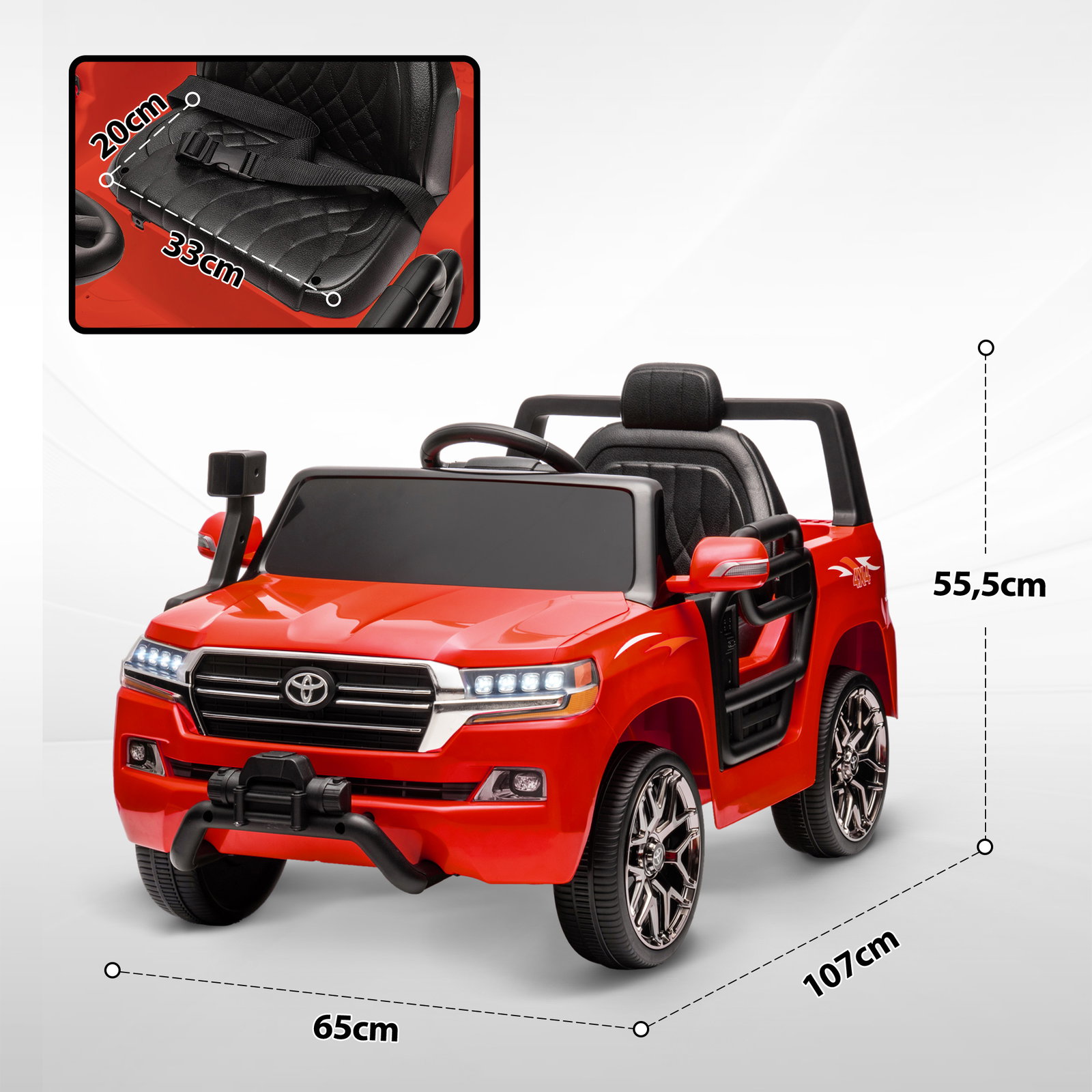Carro elétrico para crianças toyota land cruiser 12v com faróis buzina arranque lento e música mp3 107x65x55,5 cm vermelho