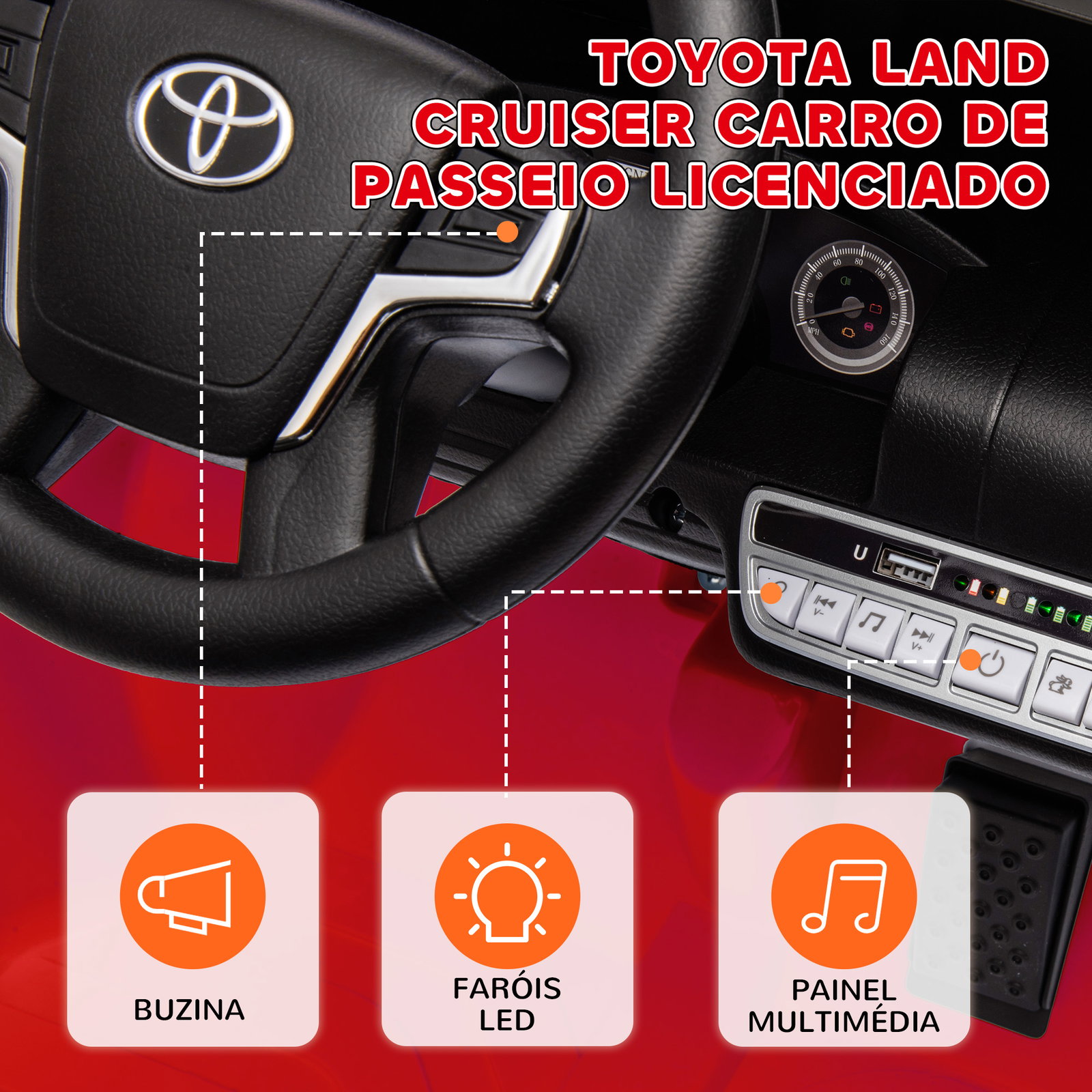 Carro elétrico para crianças toyota land cruiser 12v com faróis buzina arranque lento e música mp3 107x65x55,5 cm vermelho