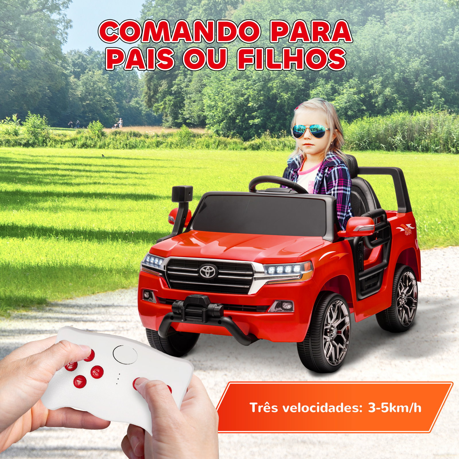 Carro elétrico para crianças toyota land cruiser 12v com faróis buzina arranque lento e música mp3 107x65x55,5 cm vermelho