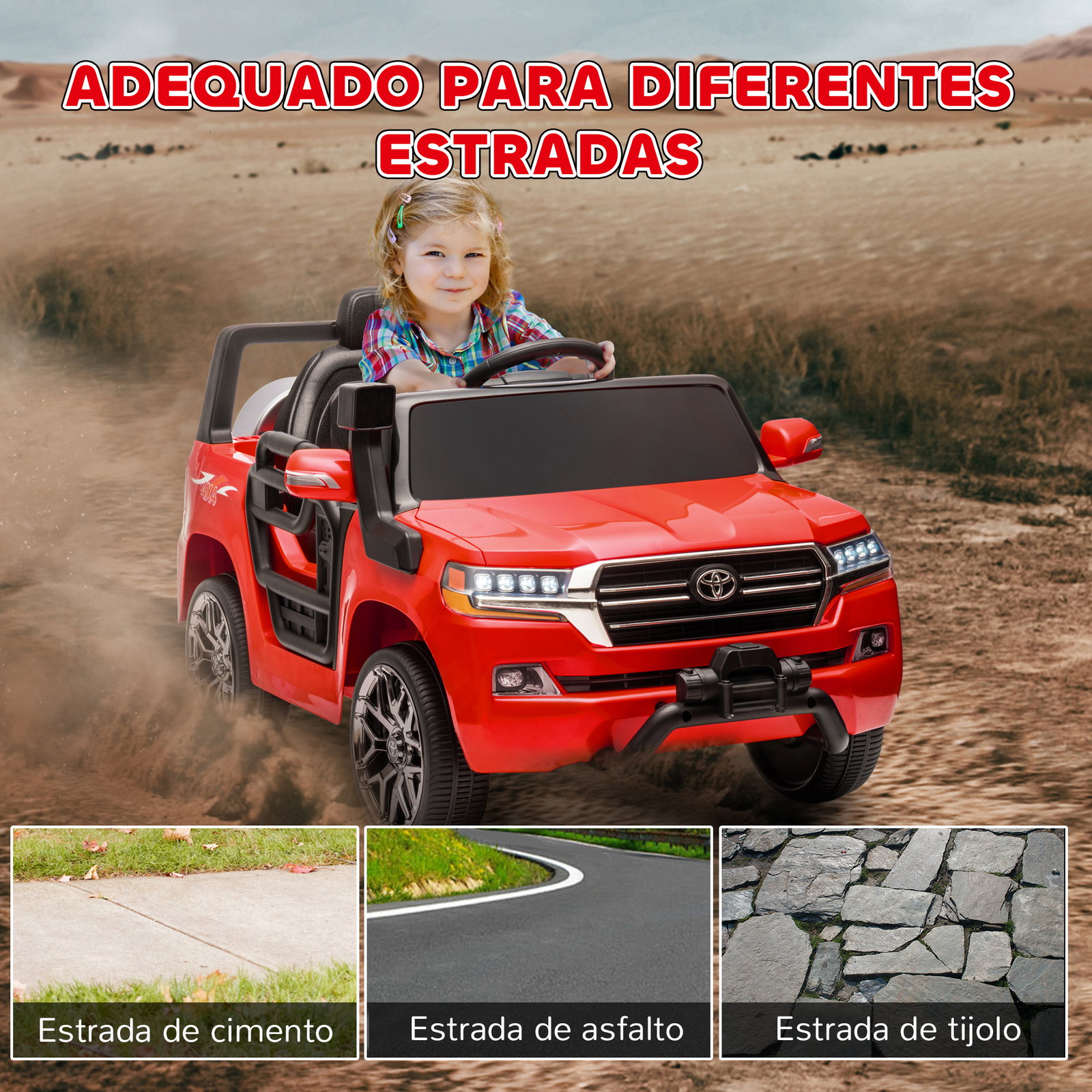 Carro elétrico para crianças toyota land cruiser 12v com faróis buzina arranque lento e música mp3 107x65x55,5 cm vermelho