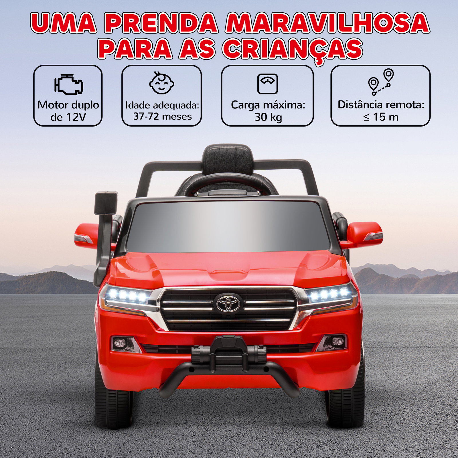 Carro elétrico para crianças toyota land cruiser 12v com faróis buzina arranque lento e música mp3 107x65x55,5 cm vermelho