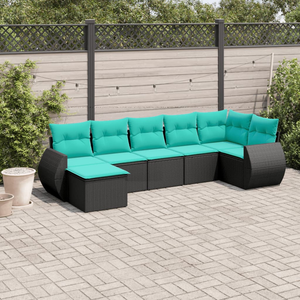 Conjunto de sofá de jardim com 7 peças e almofadas em rattan sintético preto