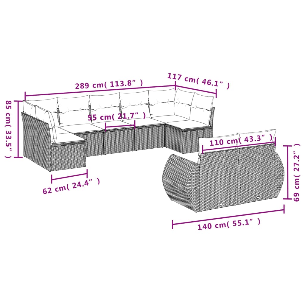 9 Pcs conjunto de sofás p/ jardim c/ almofadões vime PE preto