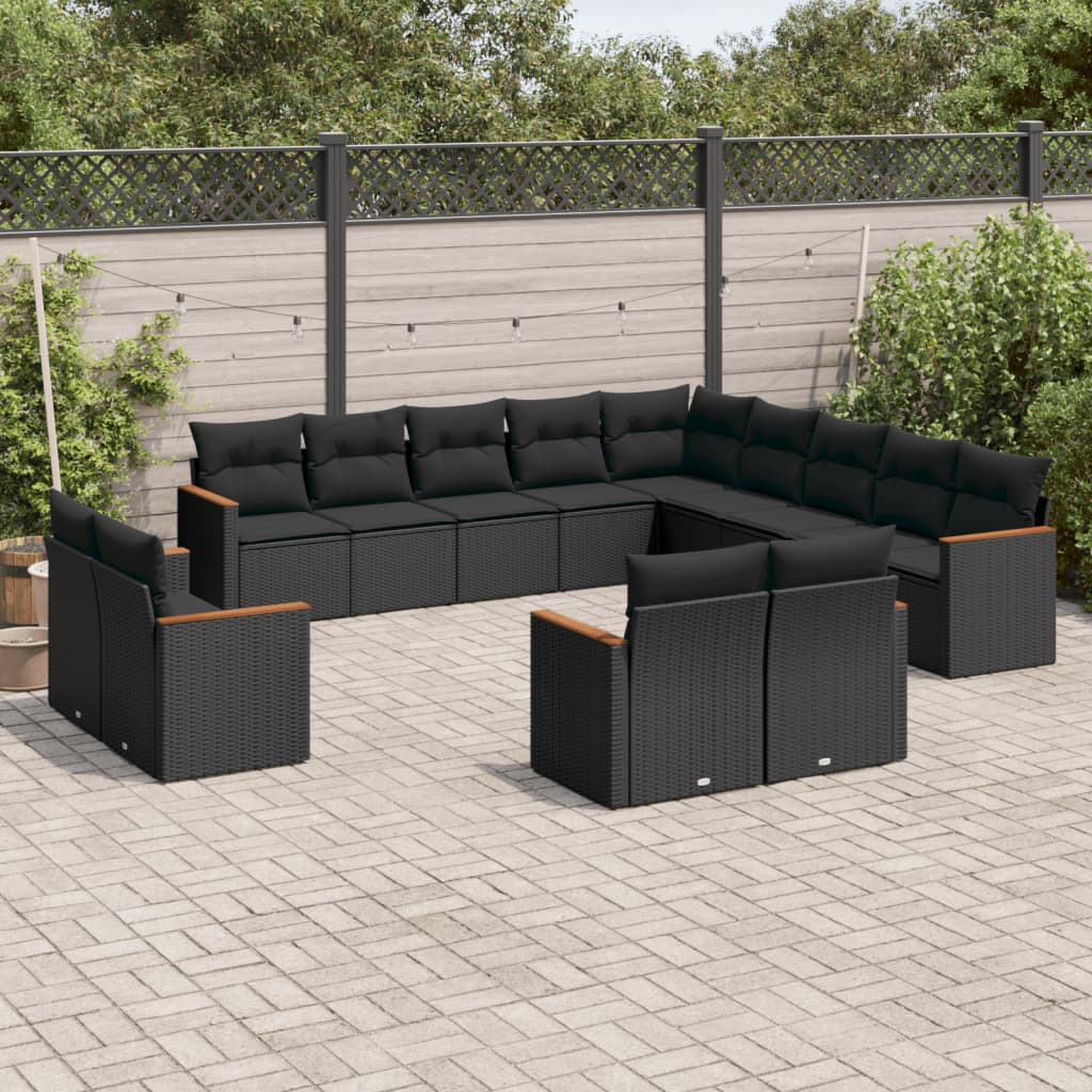 13 Pcs conjunto de sofás de jardim com almofadões vime PE preto