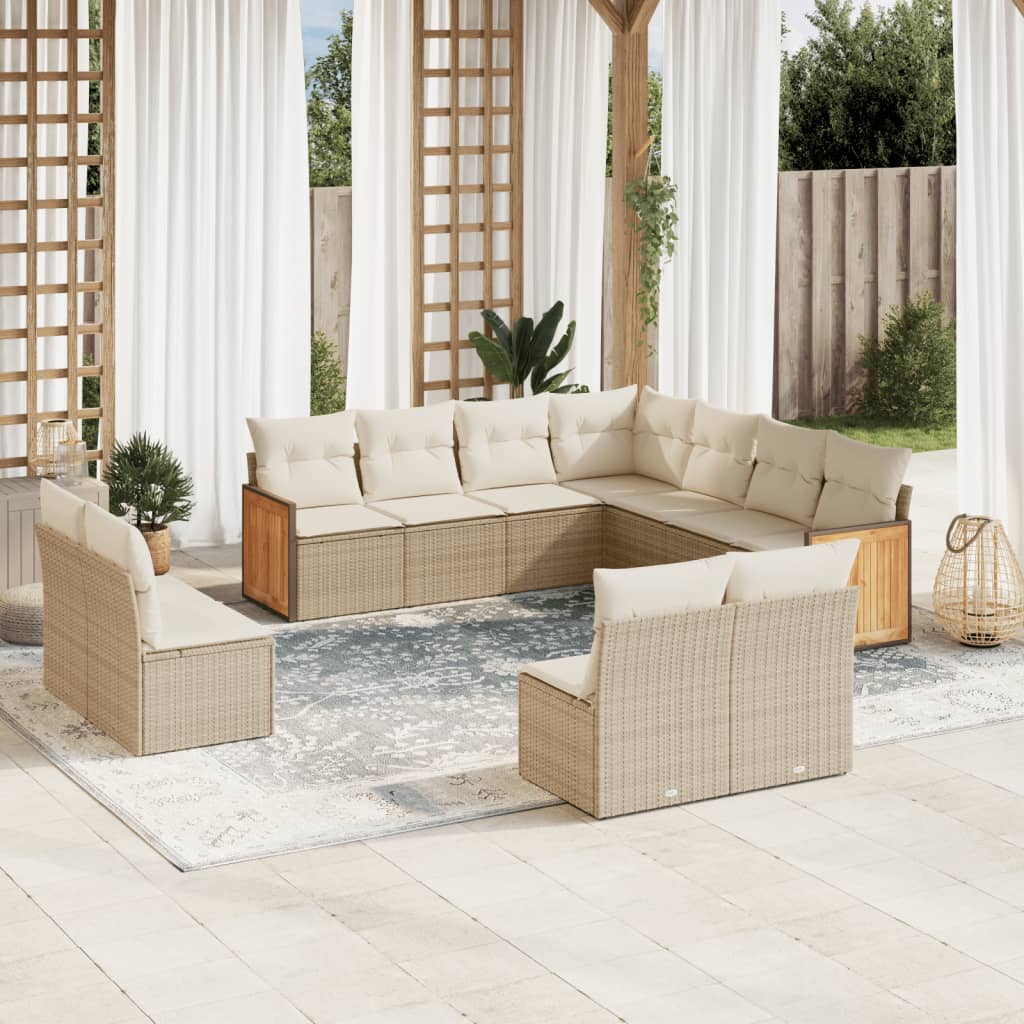 11 Pcs conjunto sofás de jardim c/ almofadões vime PE bege