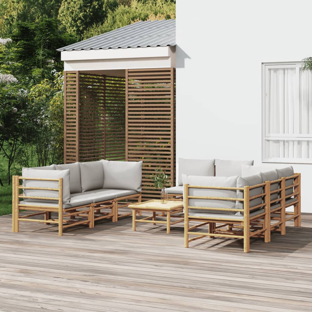9 Pcs conj. lounge de jardim bambu c/ almofadões cinzento-claro