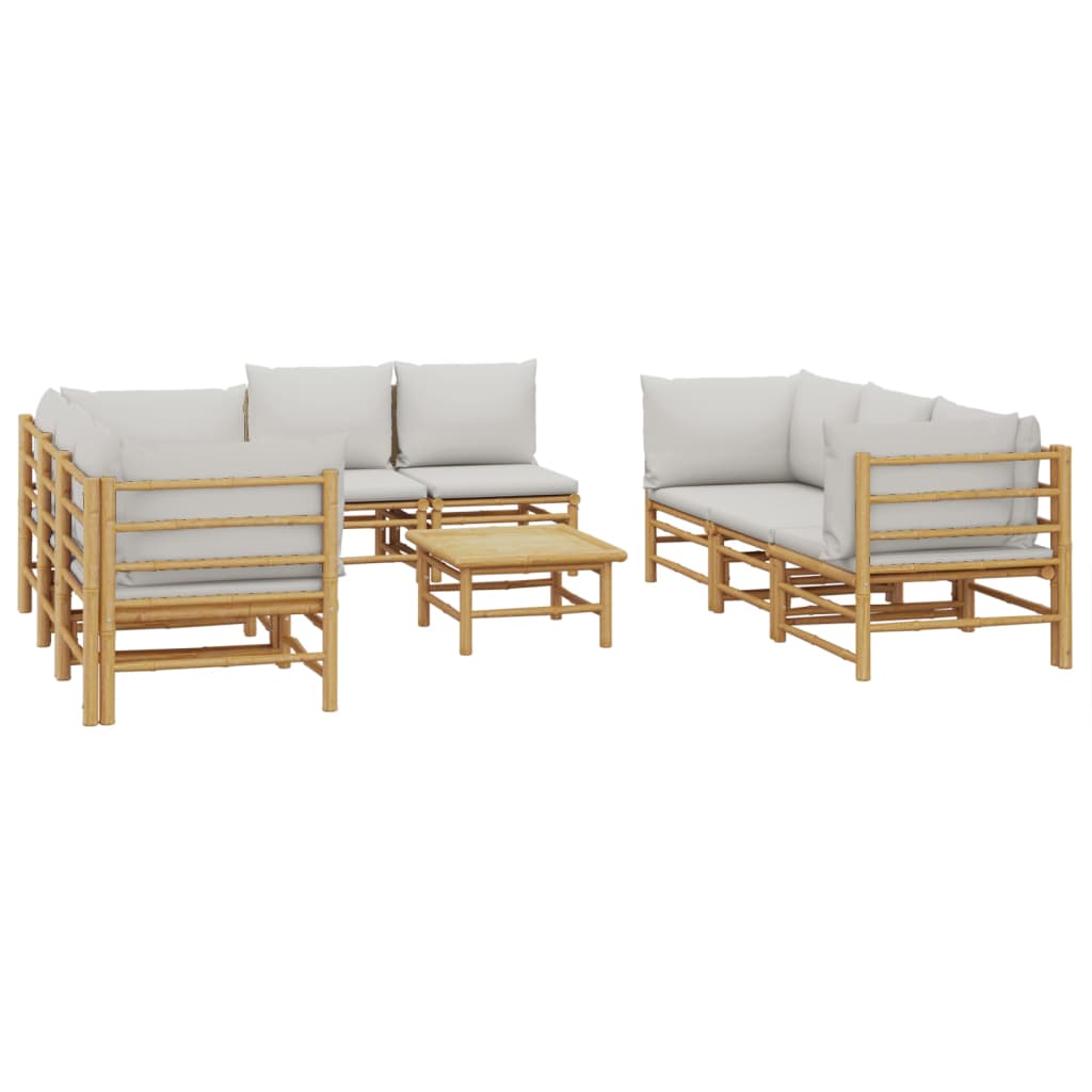 9 Pcs conj. lounge de jardim bambu c/ almofadões cinzento-claro
