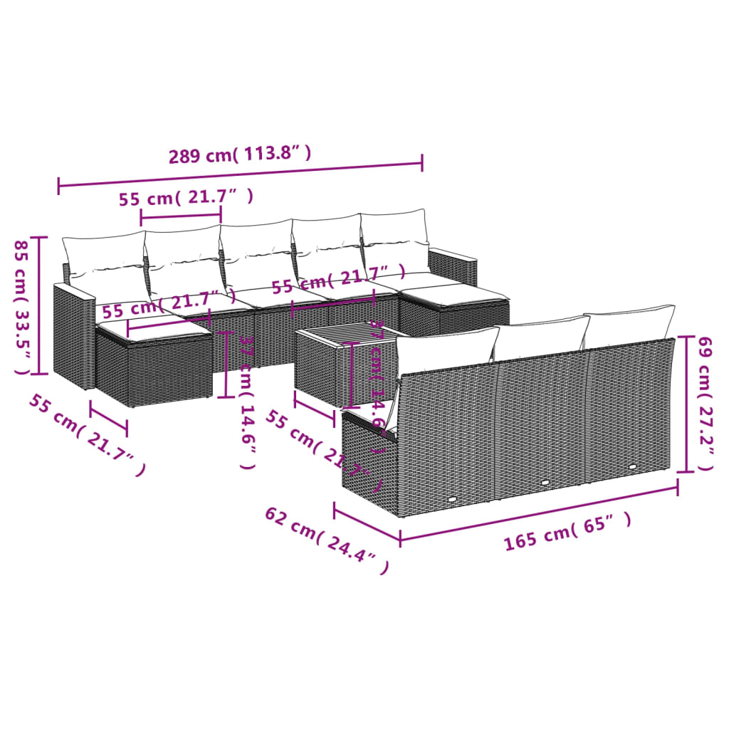 11 Pcs conjunto sofás de jardim c/ almofadões vime PE bege