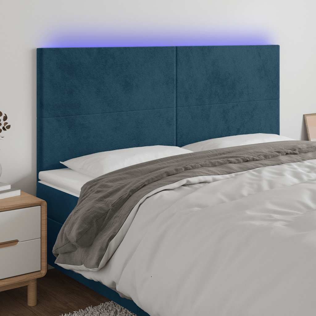 Cabeceira cama c/ luzes LED veludo 180x5x118/128cm azul-escuro