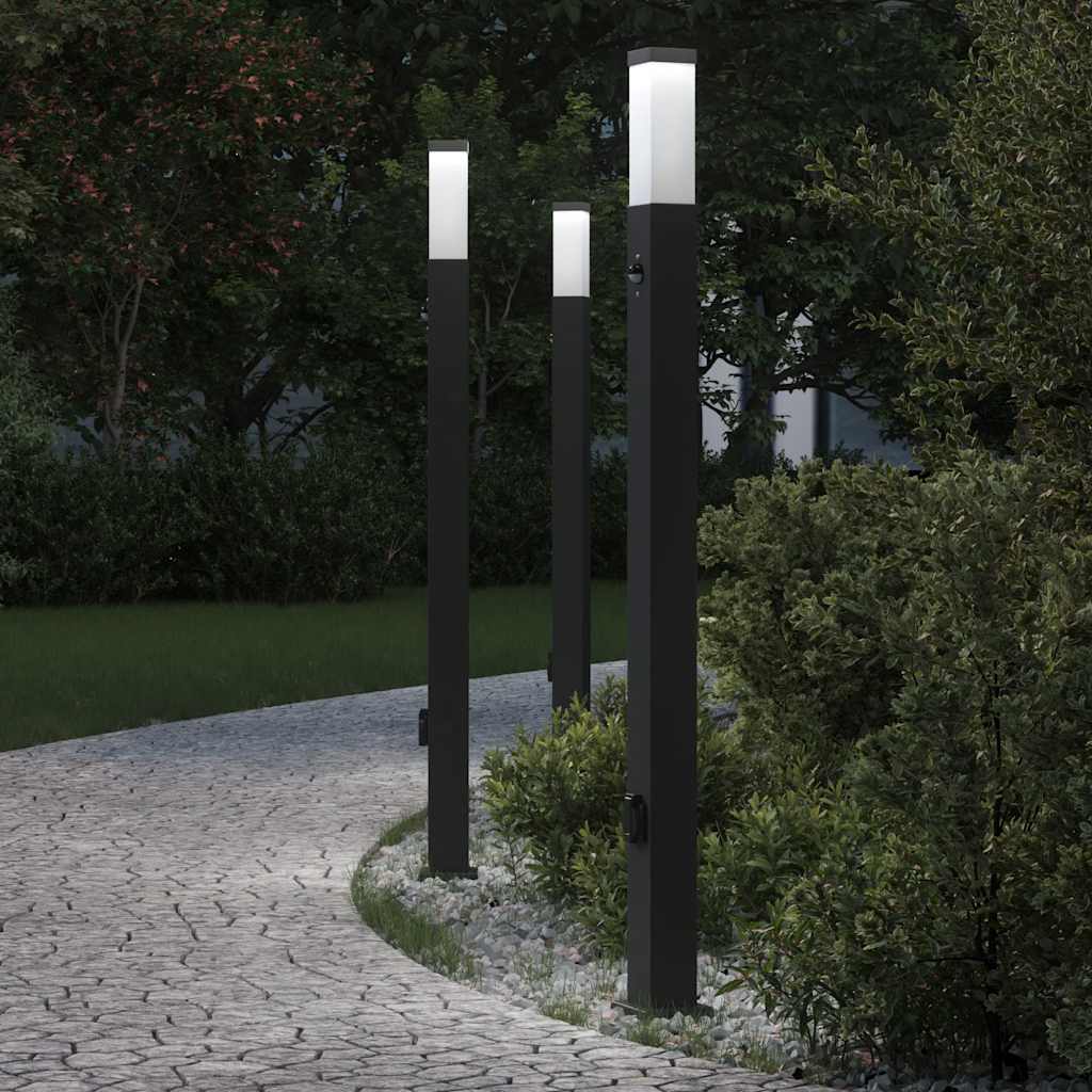 Conjunto de 3 postes de iluminação com sensor e tomada, 110 cm, pretos, IP44