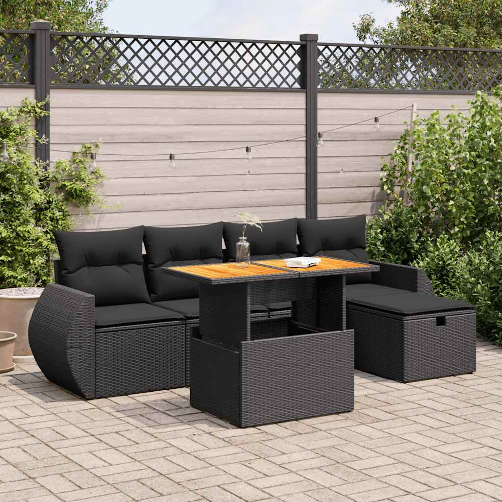 6 Pcs conjunto sofás jardim c/ almofadões vime PE/acácia preto