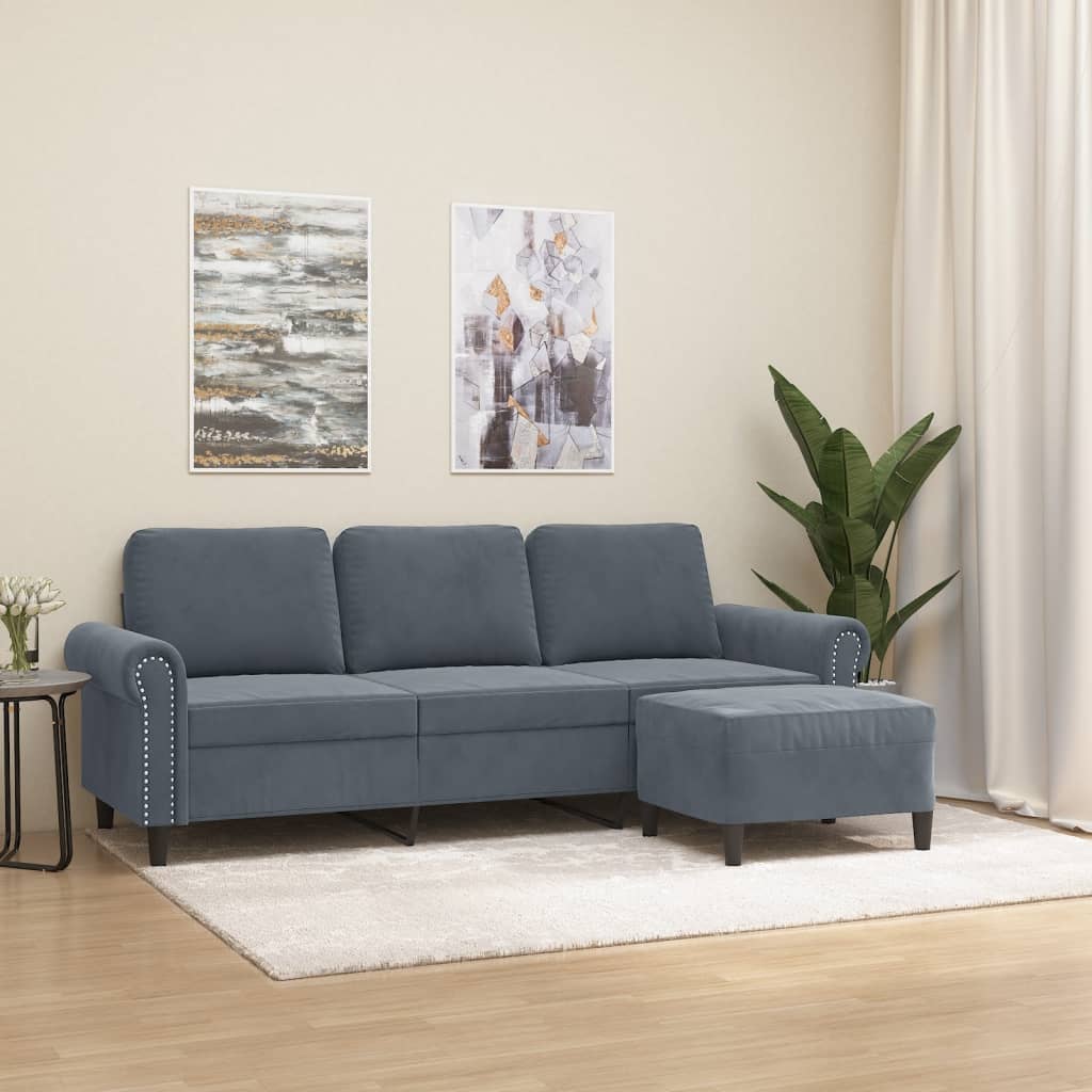 Sofá de 3 lugares com apoio de pés 180 cm veludo cinza-escuro