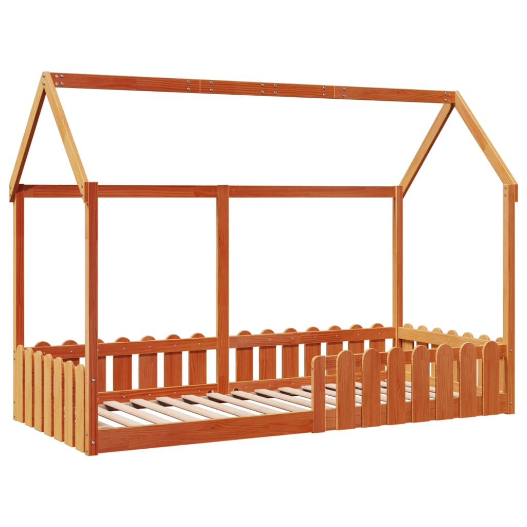 Cama infantil formato casa 90x200 cm pinho maciço castanho-mel