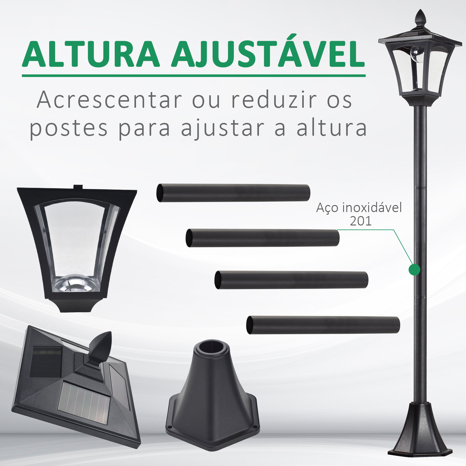 Candeeiro Solar para Jardim com Painel Solar Acendimento Automático e Estrutura de Aço Inoxidável 18x18x160 cm Preto