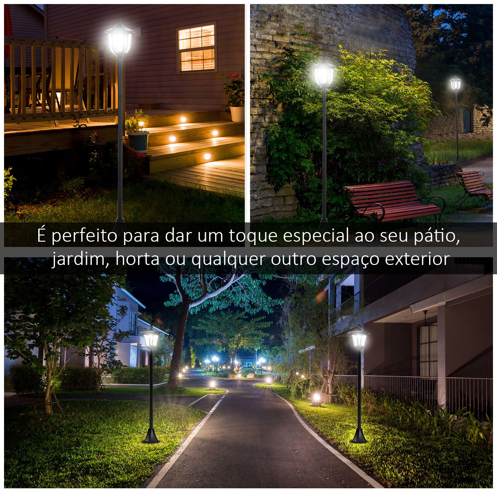 Candeeiro Solar para Jardim com Painel Solar Acendimento Automático e Estrutura de Aço Inoxidável 18x18x160 cm Preto