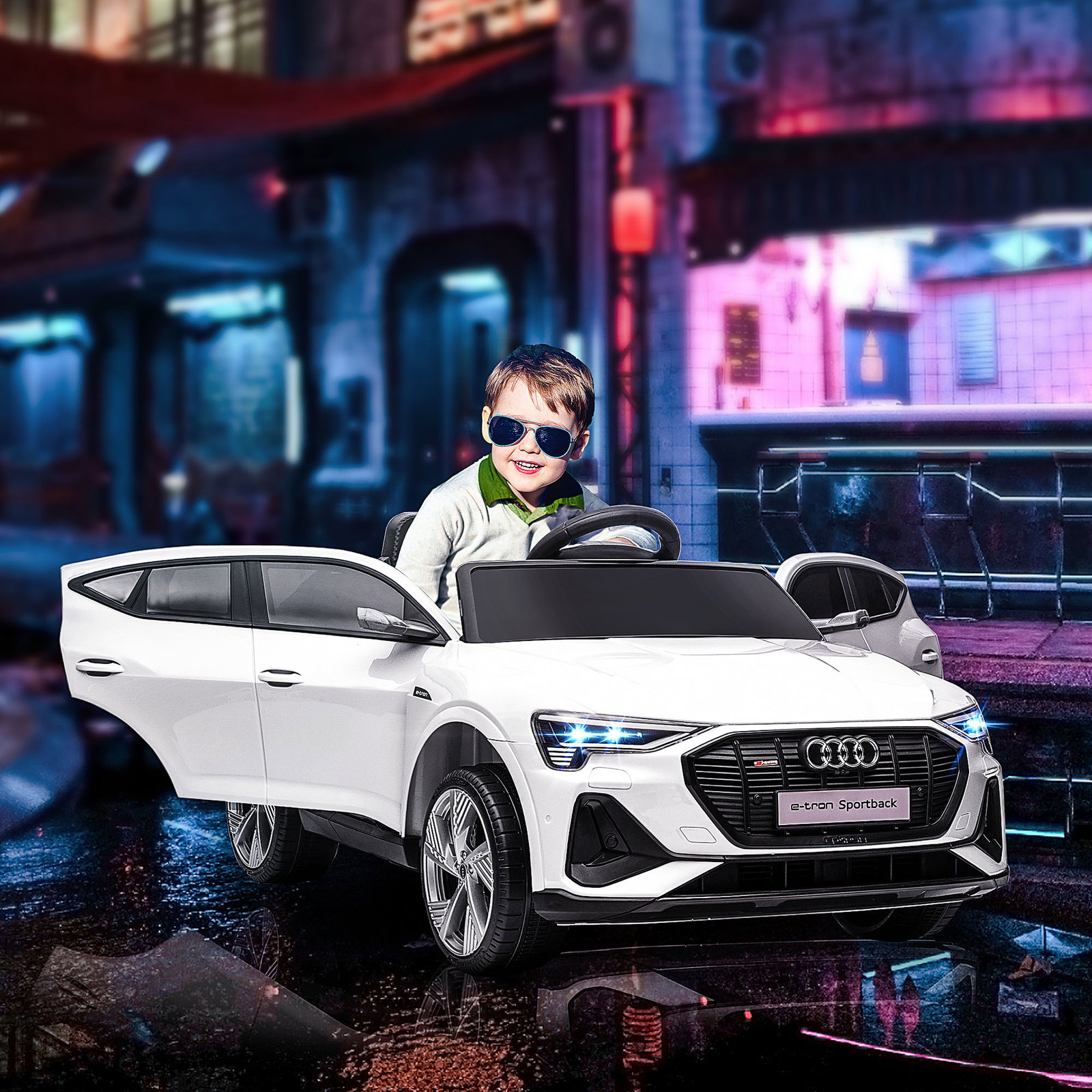 Carro Elétrico Audi E-Tron 12V para Crianças acima de 3 Anos com Controle Remoto Faróis Buzina Música MP3 TF USB e Abertura da P