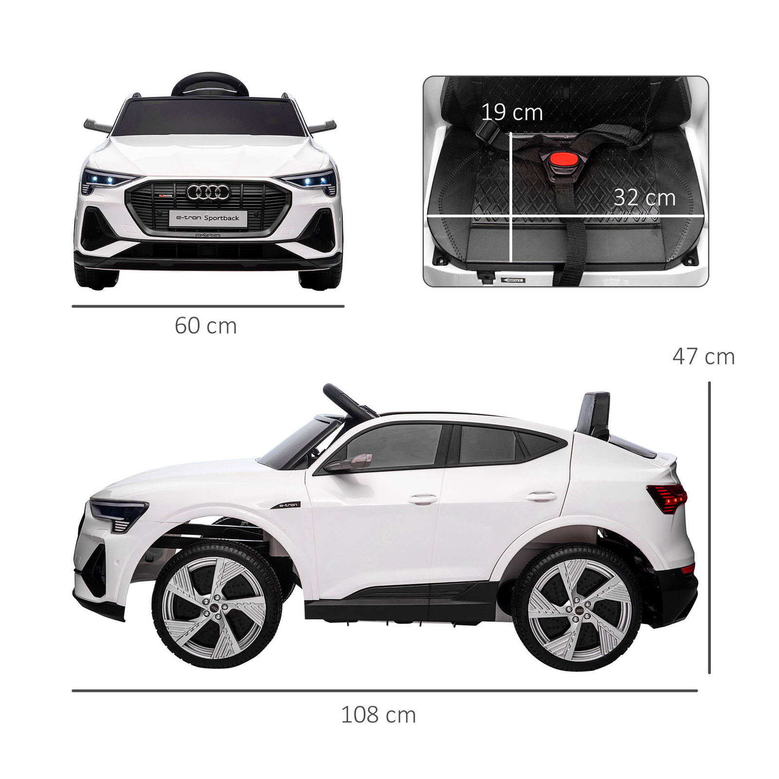 Carro Elétrico Audi E-Tron 12V para Crianças acima de 3 Anos com Controle Remoto Faróis Buzina Música MP3 TF USB e Abertura da P