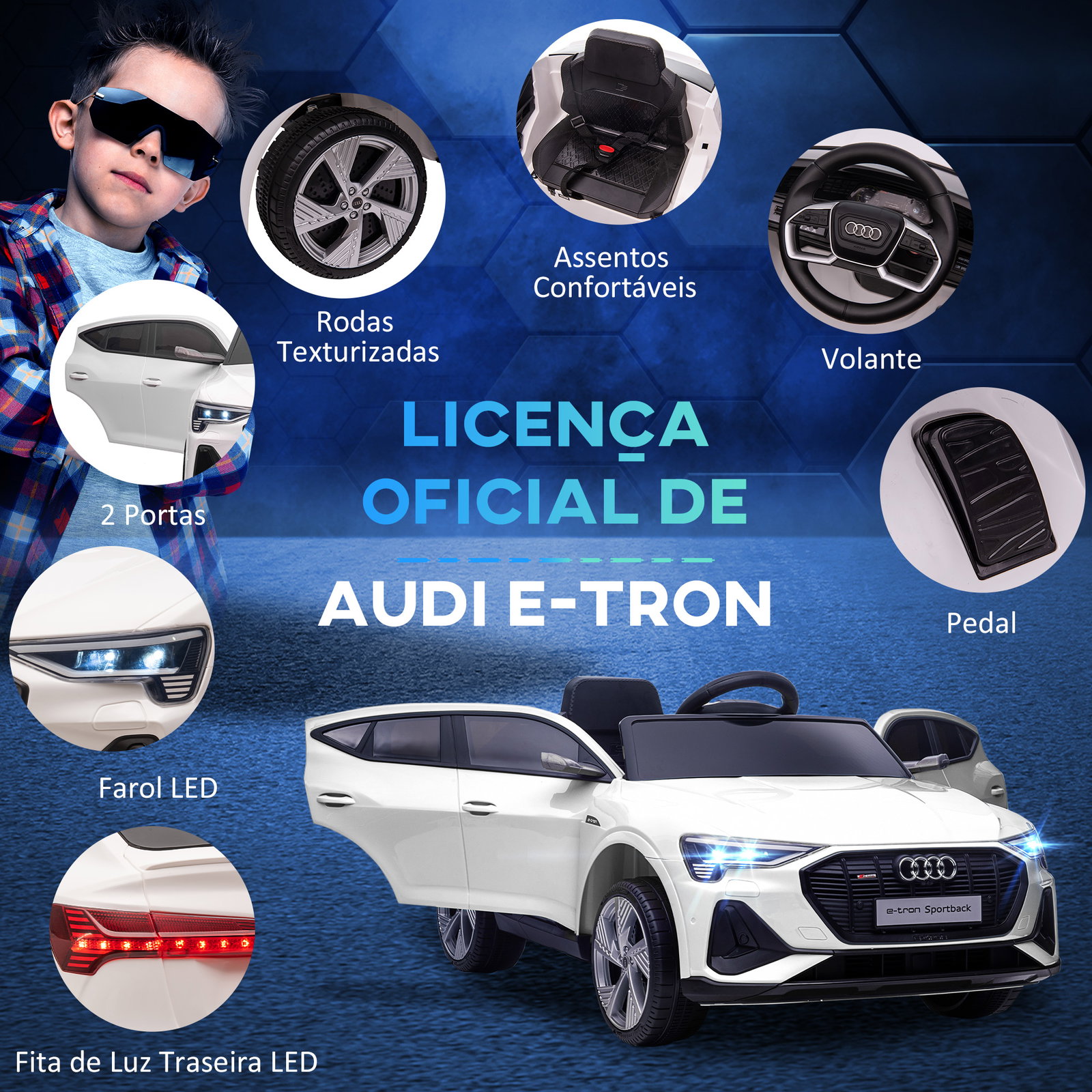 Carro Elétrico Audi E-Tron 12V para Crianças acima de 3 Anos com Controle Remoto Faróis Buzina Música MP3 TF USB e Abertura da P
