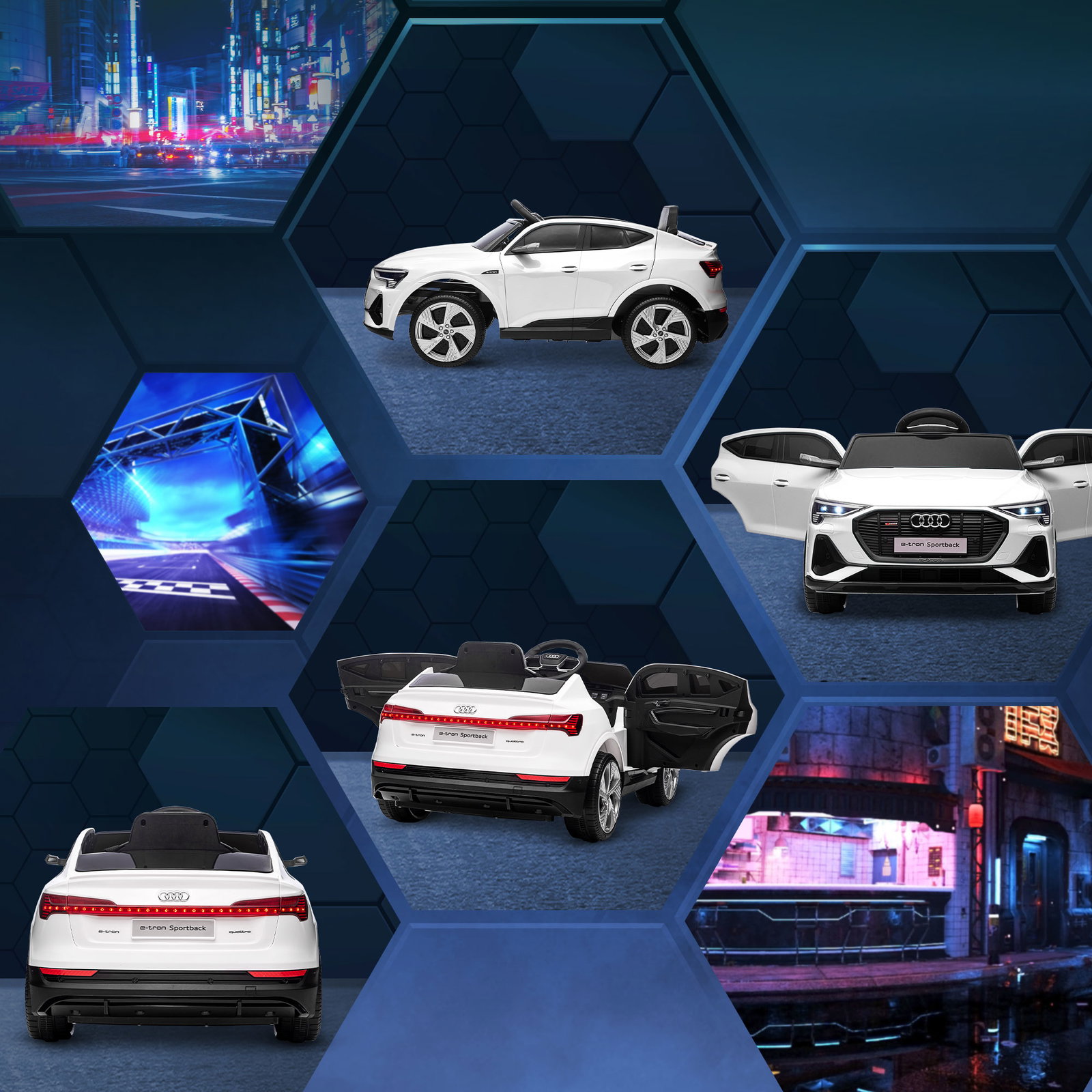 Carro Elétrico Audi E-Tron 12V para Crianças acima de 3 Anos com Controle Remoto Faróis Buzina Música MP3 TF USB e Abertura da P