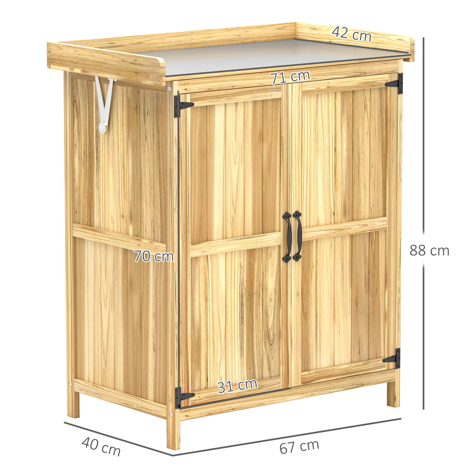 Armário de exterior em madeira com tampo basculante prateleira 2 portas para armazenamento de ferramentas 74x43x88 cm madeira